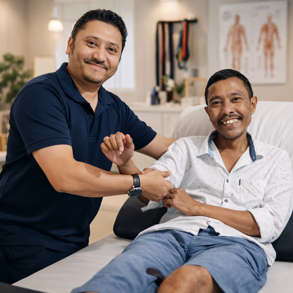 Dr. Bekon with patient during physiotherapy session